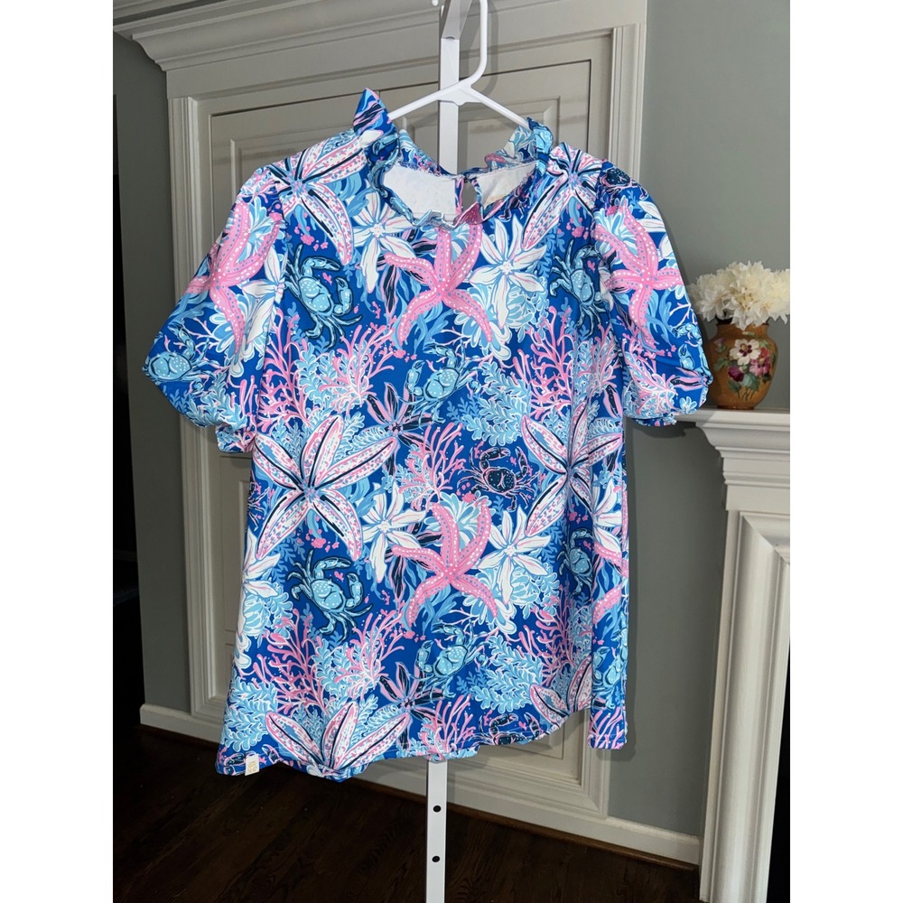Simply Southern Ruffle Mock Neck Puff Sleeve Performance Top UPF 50+ Blue Pink L - Picture 2 of 8